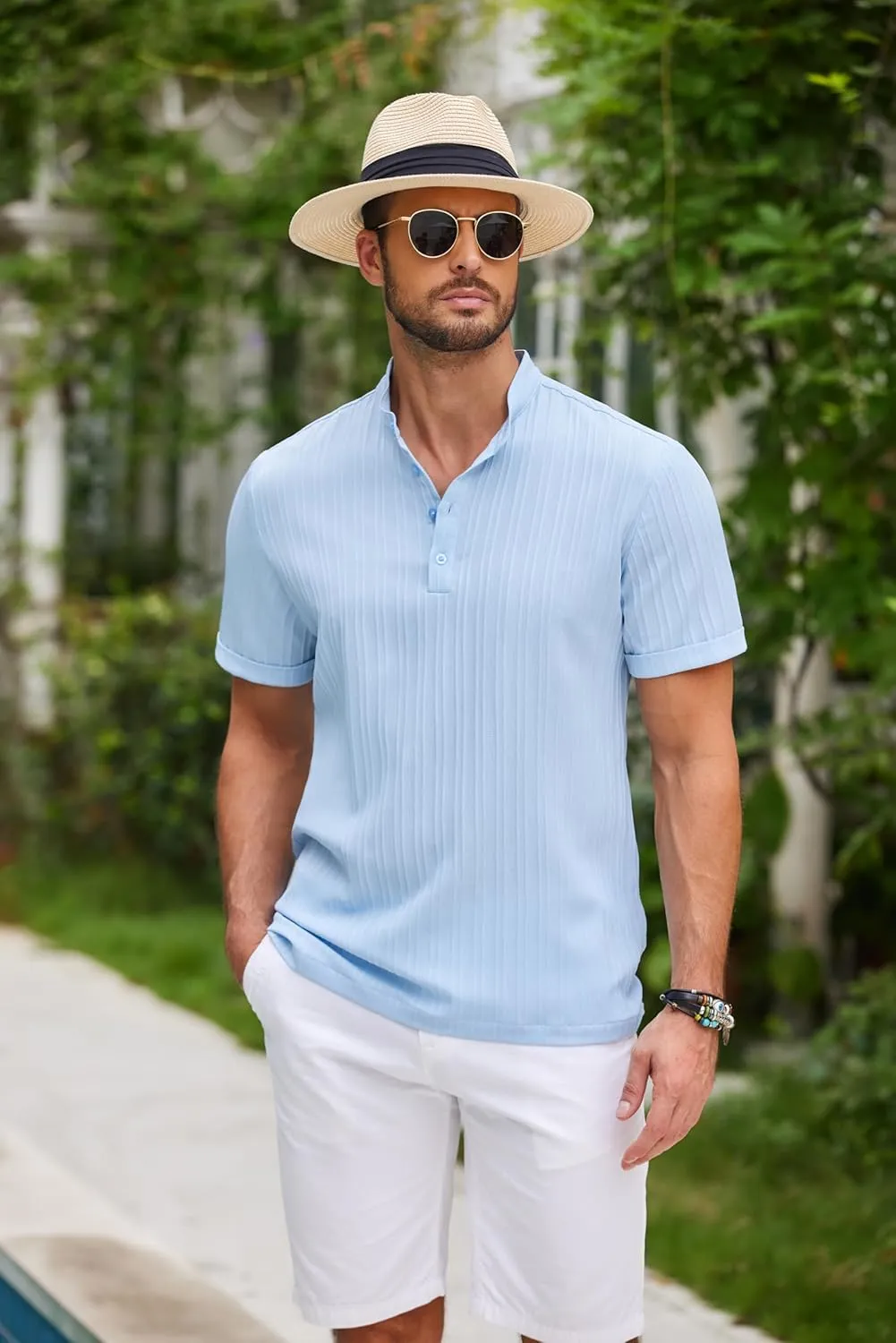 COOFANDY Men Casual Henley Tee Shirt Short Sleeve Band Collar Summer Beach Textured T-Shirt