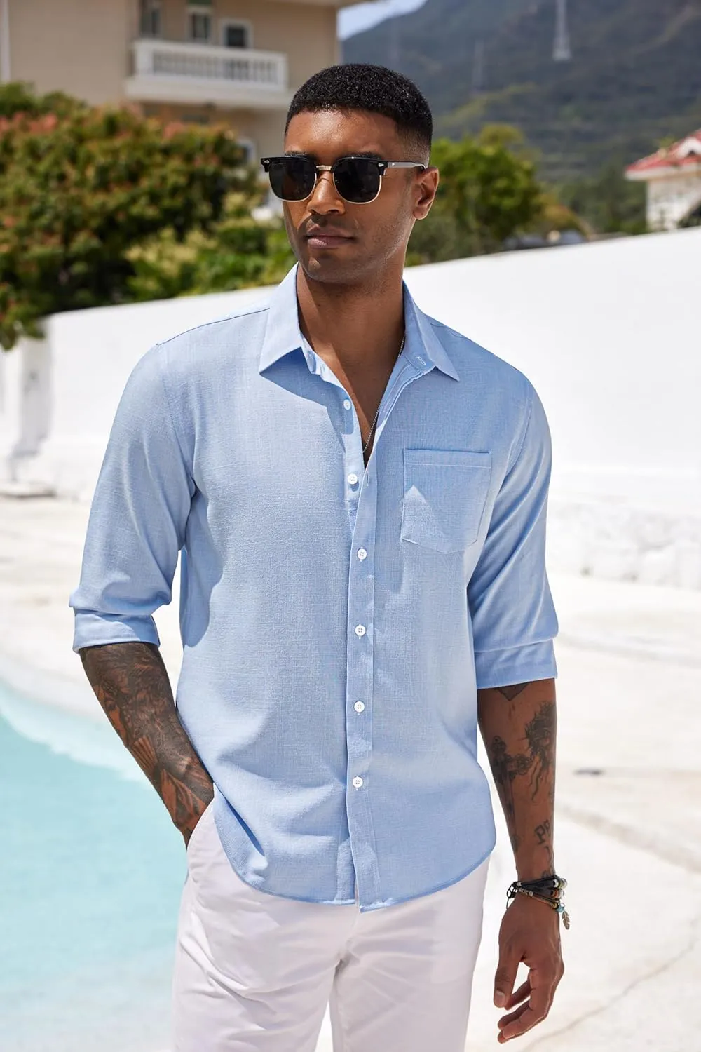 COOFANDY Men's Casual Button Down Shirt Long Sleeve Linen Chambray Shirt