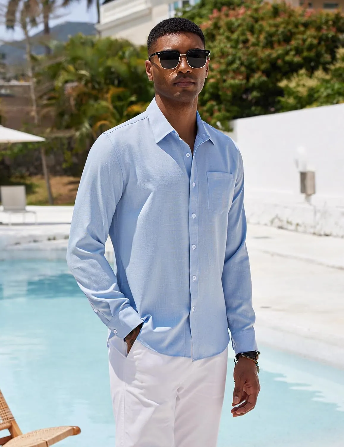 COOFANDY Men's Casual Button Down Shirt Long Sleeve Linen Chambray Shirt