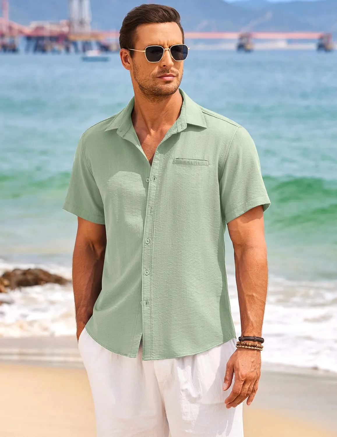 COOFANDY Mens Casual Linen Shirt Short Sleeve Button Down Shirt Summer Beach Hawaiian Shirts