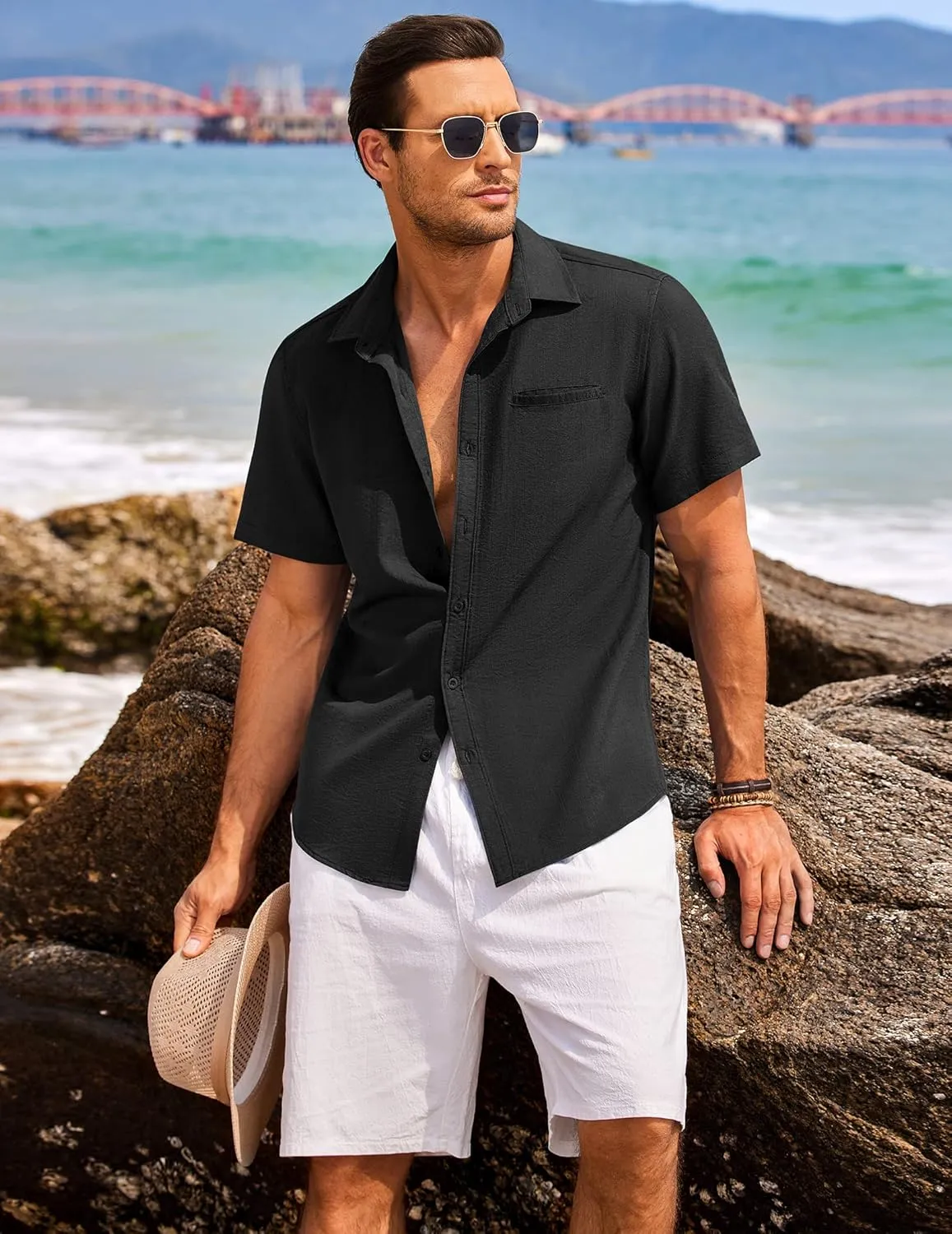 COOFANDY Mens Casual Linen Shirt Short Sleeve Button Down Shirt Summer Beach Hawaiian Shirts