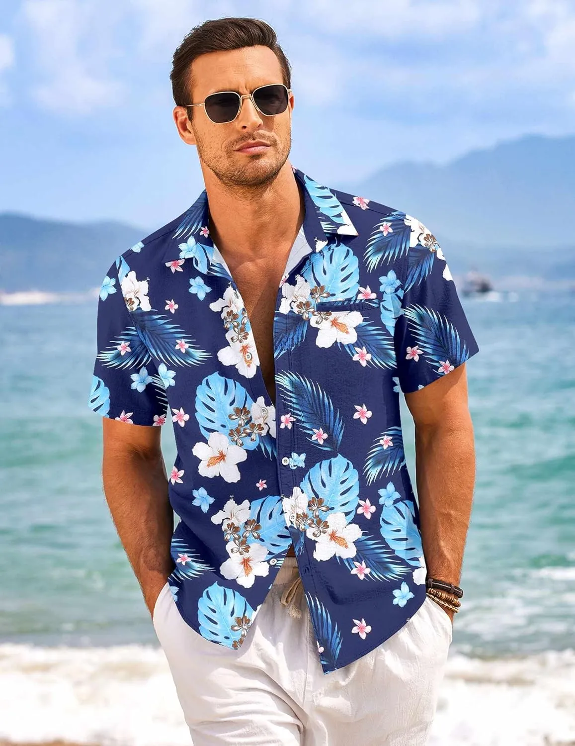 COOFANDY Mens Casual Linen Shirt Short Sleeve Button Down Shirt Summer Beach Hawaiian Shirts
