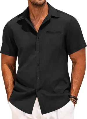 COOFANDY Mens Casual Linen Shirt Short Sleeve Button Down Shirt Summer Beach Hawaiian Shirts