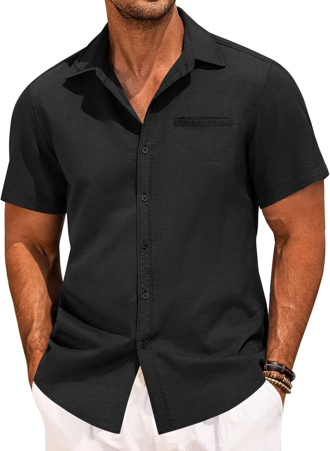 COOFANDY Mens Casual Linen Shirt Short Sleeve Button Down Shirt Summer Beach Hawaiian Shirts