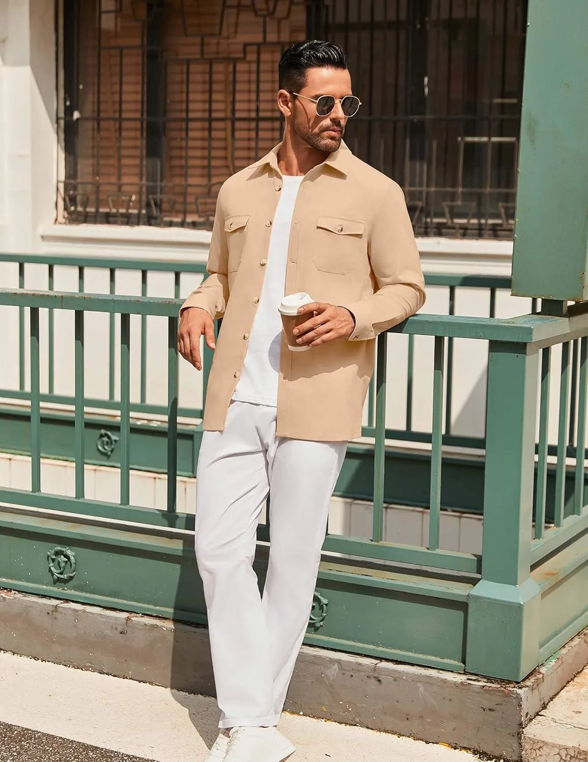 COOFANDY Men's Casual Shirt Jacket Linen Button Down Shirt Long Sleeve Lightweight Shacket with Pockets
