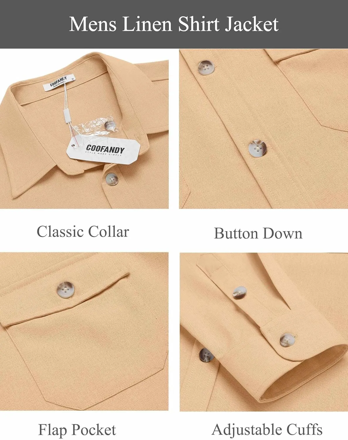 COOFANDY Men's Casual Shirt Jacket Linen Button Down Shirt Long Sleeve Lightweight Shacket with Pockets