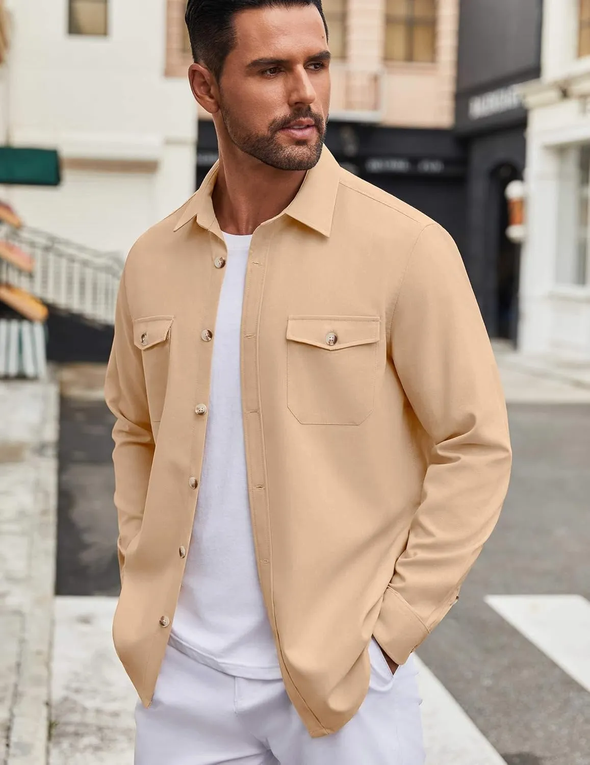 COOFANDY Men's Casual Shirt Jacket Linen Button Down Shirt Long Sleeve Lightweight Shacket with Pockets