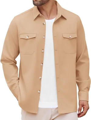 COOFANDY Men's Casual Shirt Jacket Linen Button Down Shirt Long Sleeve Lightweight Shacket with Pockets