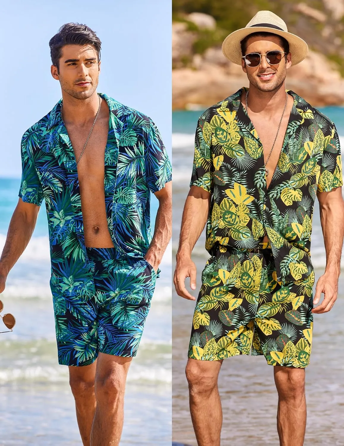 COOFANDY Men's Hawaiian Matching Shirt and Shorts Set Summer Beach 2 Piece Outfits Short Sleeve Cuban Shirts and Shorts