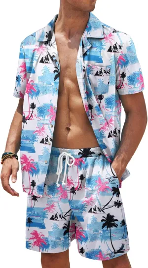 COOFANDY Mens Hawaiian Shirt and Shorts Set 2 Piece Vacation Outfits Floral Button Down Shirt