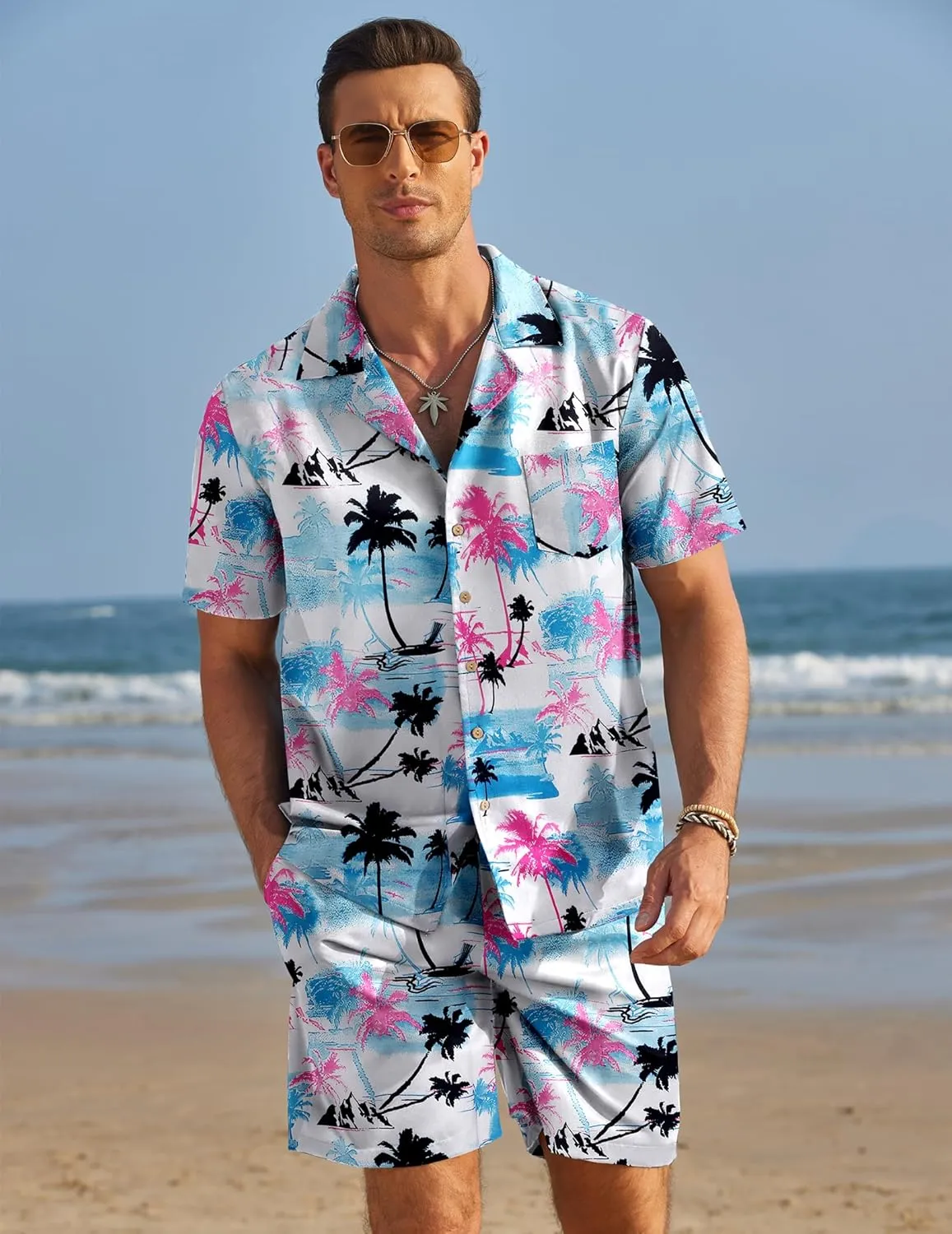 COOFANDY Mens Hawaiian Shirt and Shorts Set 2 Piece Vacation Outfits Floral Button Down Shirt