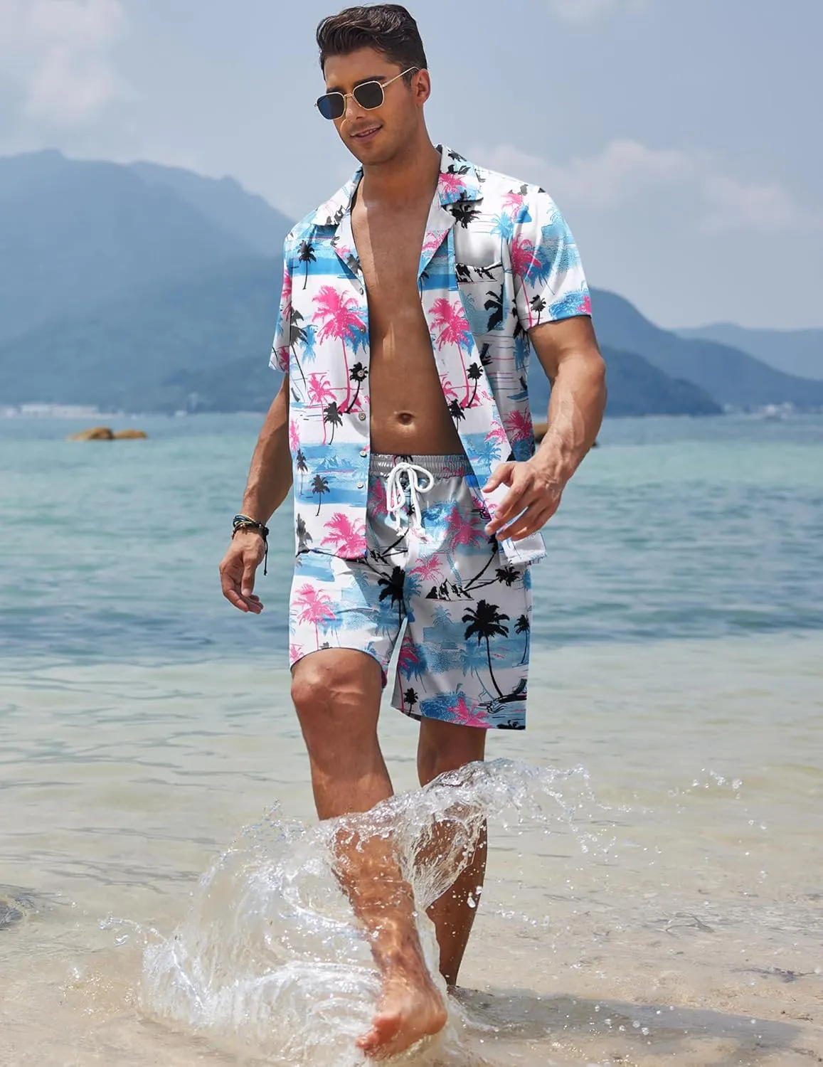 COOFANDY Mens Hawaiian Shirt and Shorts Set 2 Piece Vacation Outfits Floral Button Down Shirt