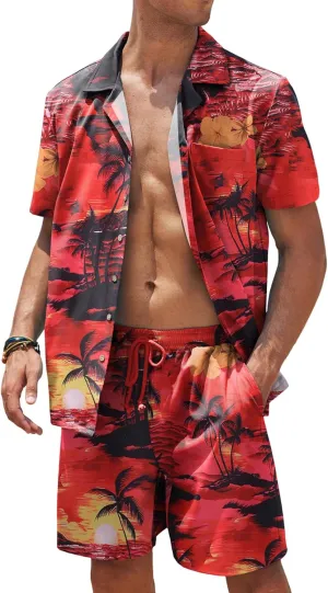 COOFANDY Mens Hawaiian Shirt and Shorts Set 2 Piece Vacation Outfits Floral Button Down Shirt