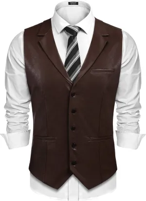 COOFANDY Men's Leather Suit Vest Casual Western Vest Jacket Lightweight V-Neck Dress Waistcoats