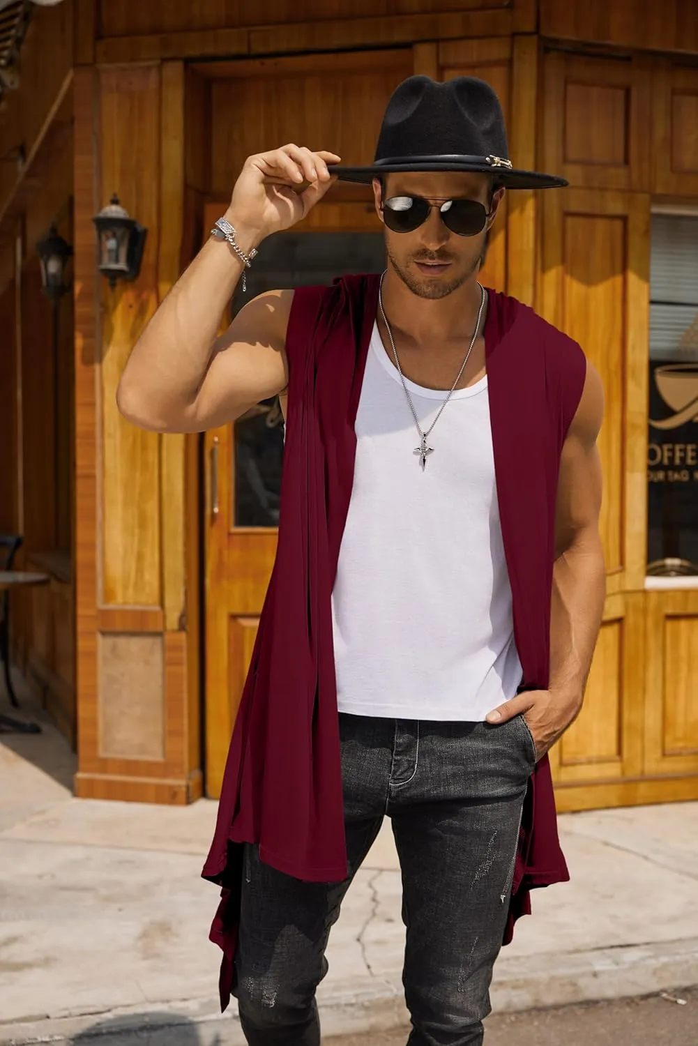 COOFANDY Men's Long Hooded Cardigan Sleeveless Ruffle Shawl Collar Lightweight Open Front Drape Kimono Vest