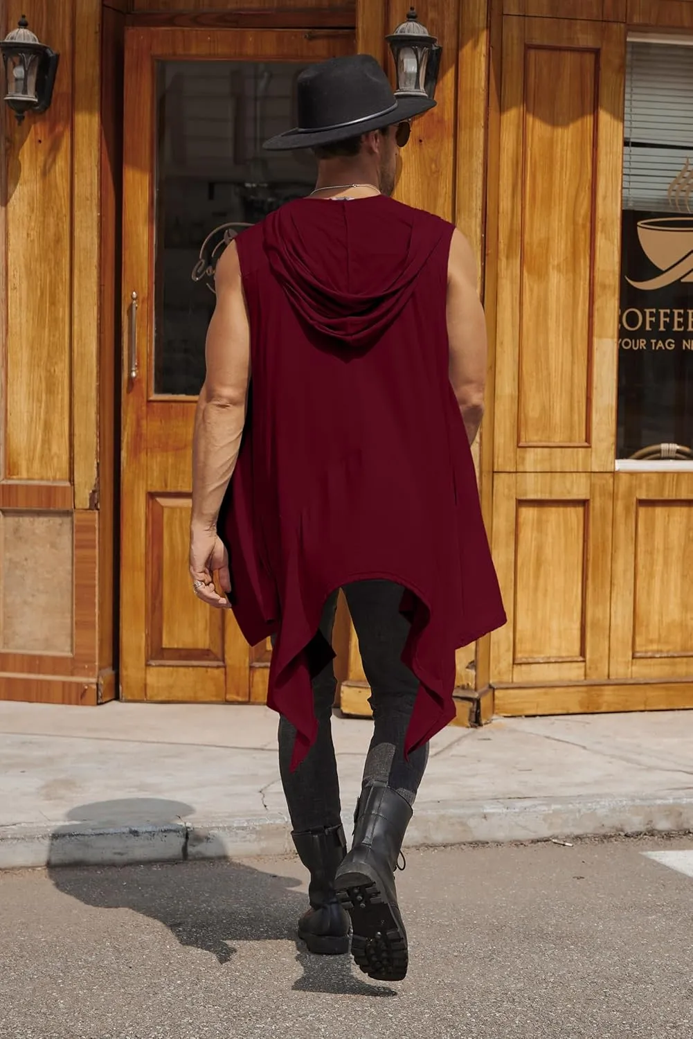 COOFANDY Men's Long Hooded Cardigan Sleeveless Ruffle Shawl Collar Lightweight Open Front Drape Kimono Vest
