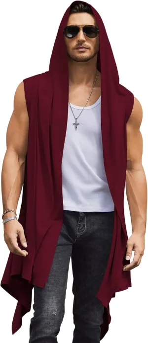 COOFANDY Men's Long Hooded Cardigan Sleeveless Ruffle Shawl Collar Lightweight Open Front Drape Kimono Vest
