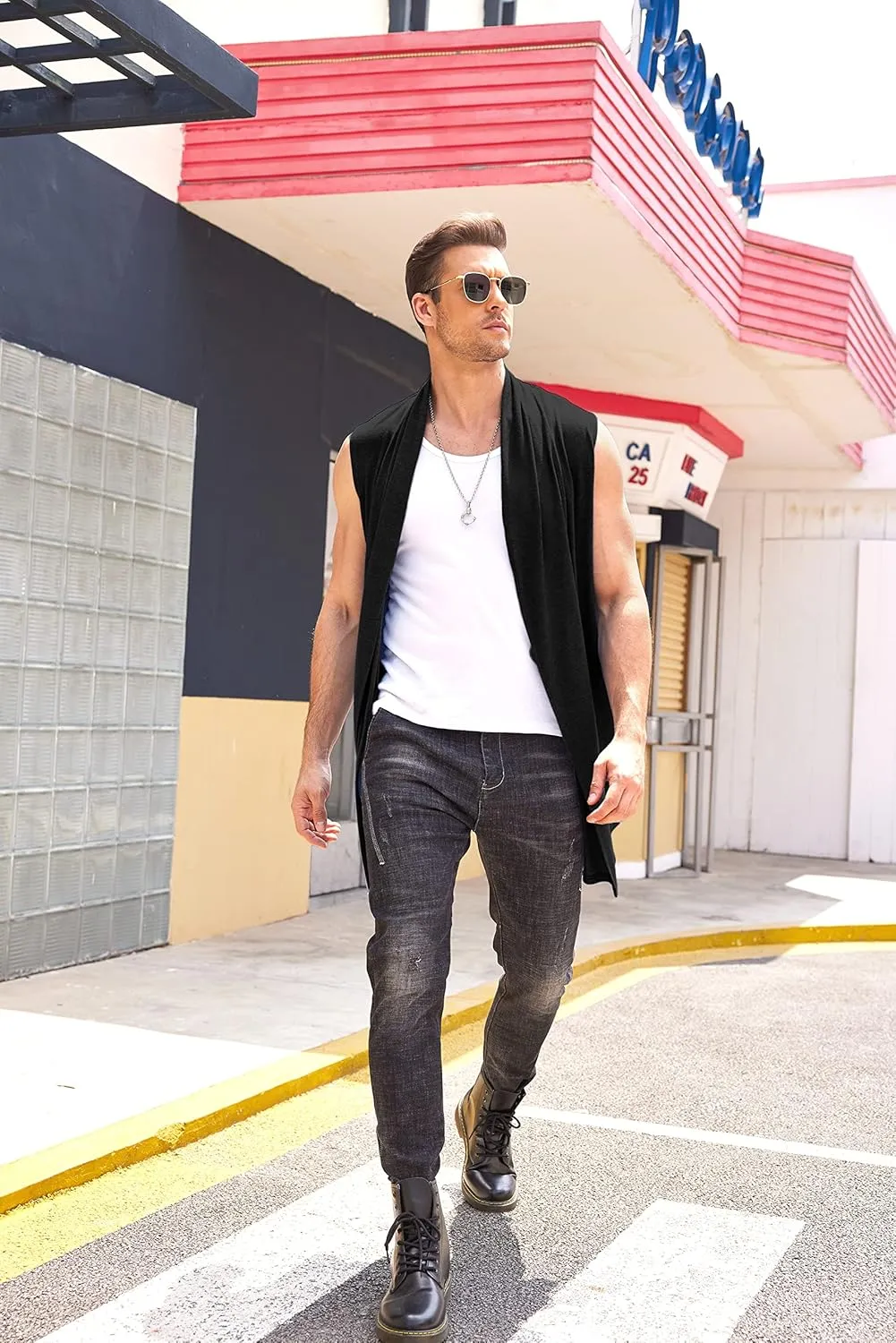 COOFANDY Men's Ruffle Shawl Collar Cardigan Sleeveless Open Front Sleeveless Kimono Vest