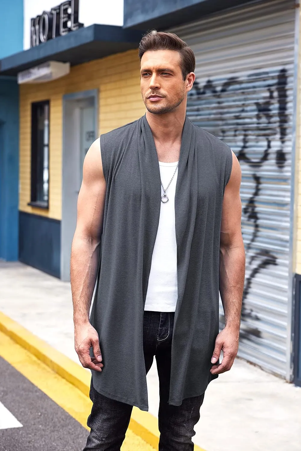 COOFANDY Men's Ruffle Shawl Collar Cardigan Sleeveless Open Front Sleeveless Kimono Vest