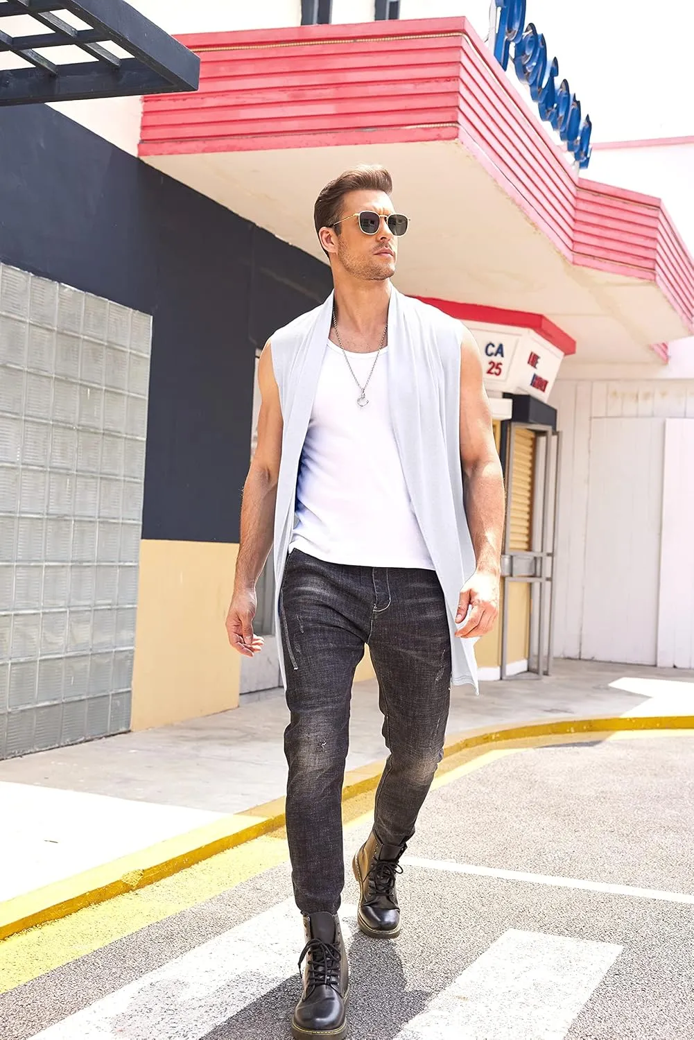 COOFANDY Men's Ruffle Shawl Collar Cardigan Sleeveless Open Front Sleeveless Kimono Vest
