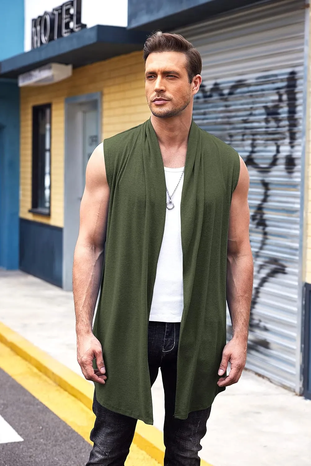 COOFANDY Men's Ruffle Shawl Collar Cardigan Sleeveless Open Front Sleeveless Kimono Vest