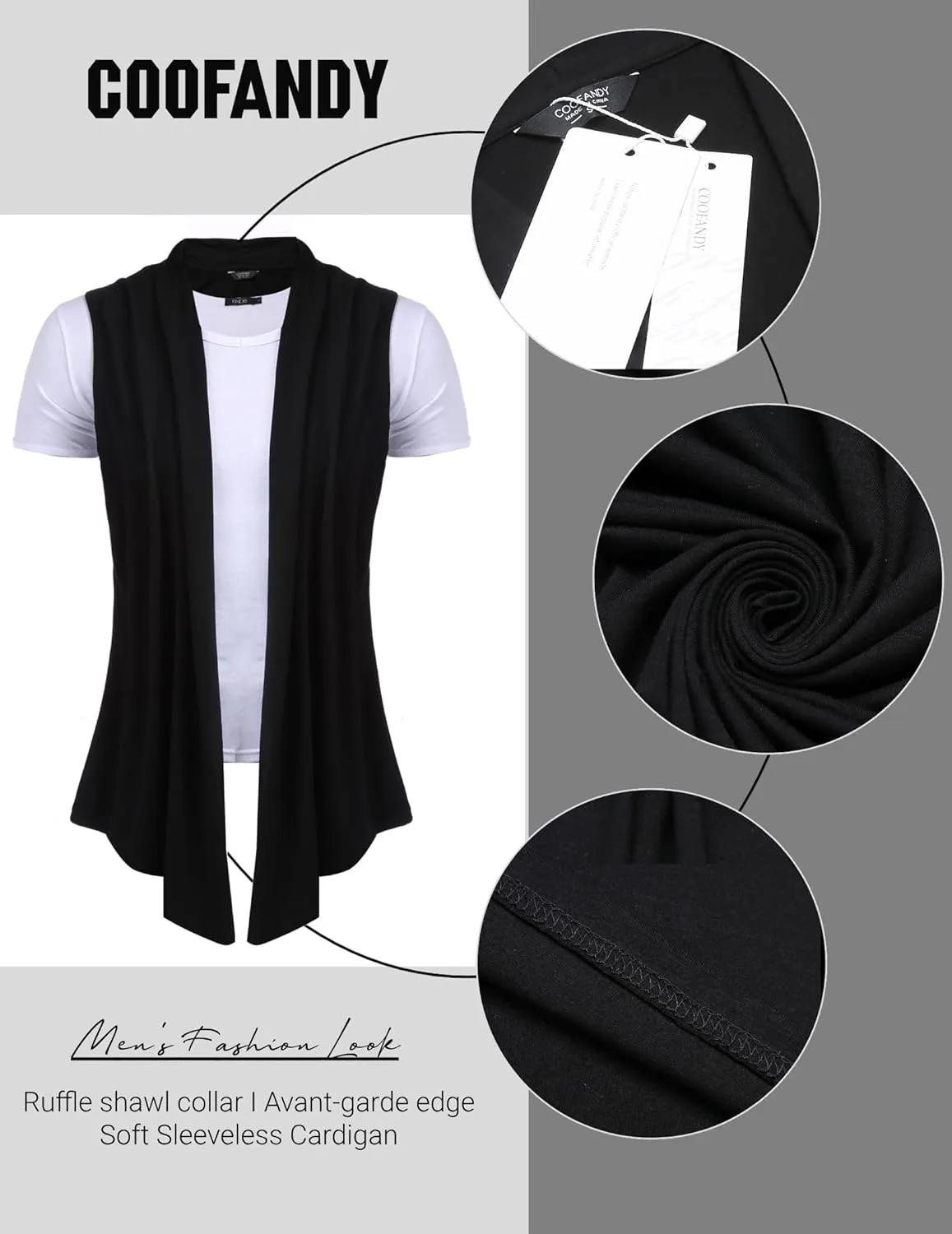 COOFANDY Men's Ruffle Shawl Collar Cardigan Sleeveless Open Front Sleeveless Kimono Vest