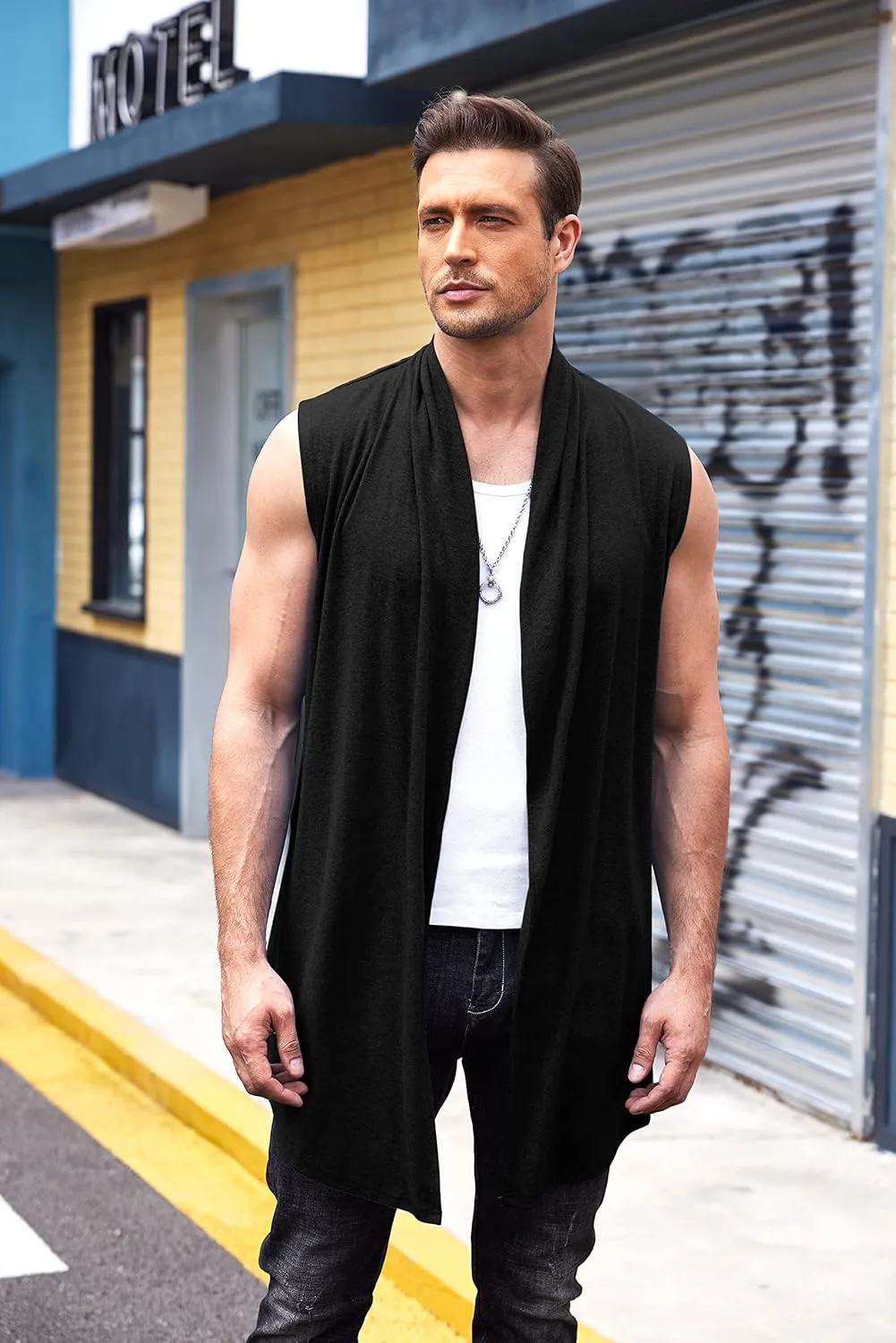 COOFANDY Men's Ruffle Shawl Collar Cardigan Sleeveless Open Front Sleeveless Kimono Vest