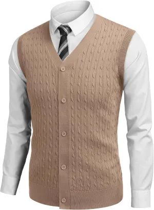 COOFANDY Men's Sleeveless Sweater Vest V-Neck Casual Cable Knit Button Down Cardigan Vest