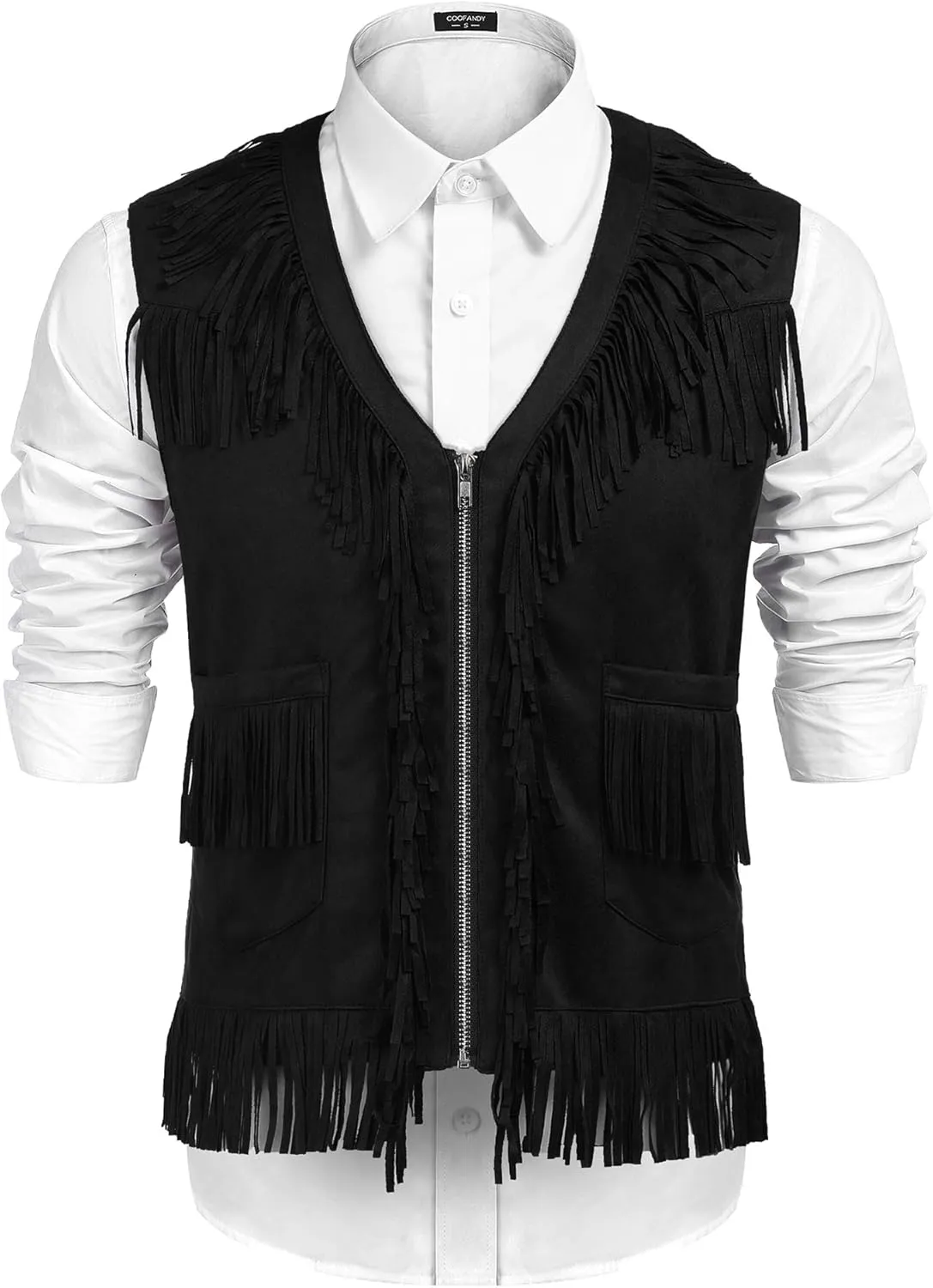 COOFANDY Men's Western Cowboy Vest Casual Fringe Hippie Costume V Neck Zipper Suede Leather Waistcoat