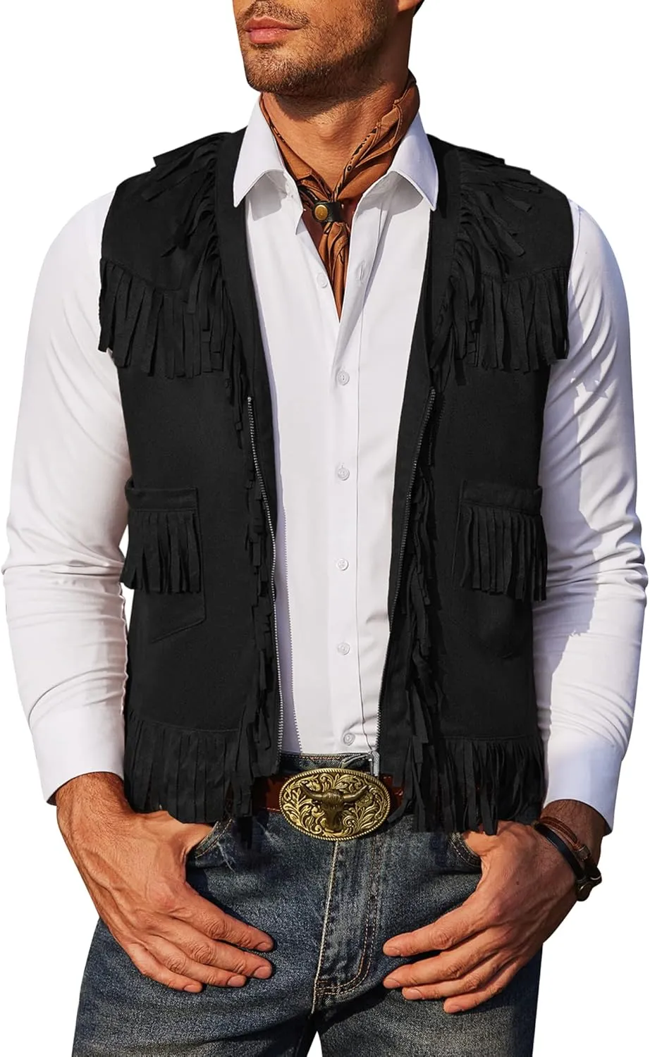 COOFANDY Men's Western Cowboy Vest Casual Fringe Hippie Costume V Neck Zipper Suede Leather Waistcoat