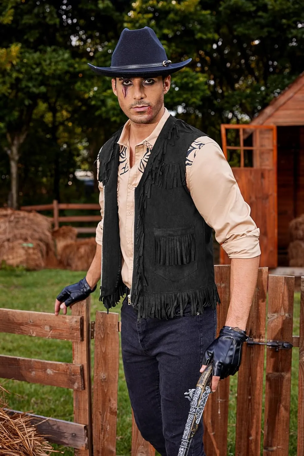 COOFANDY Men's Western Cowboy Vest Casual Fringe Hippie Costume V Neck Zipper Suede Leather Waistcoat