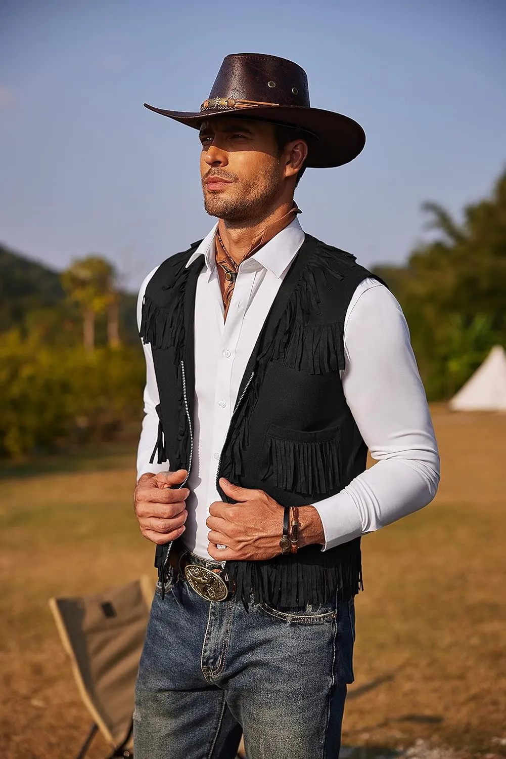 COOFANDY Men's Western Cowboy Vest Casual Fringe Hippie Costume V Neck Zipper Suede Leather Waistcoat