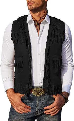 COOFANDY Men's Western Cowboy Vest Casual Fringe Hippie Costume V Neck Zipper Suede Leather Waistcoat