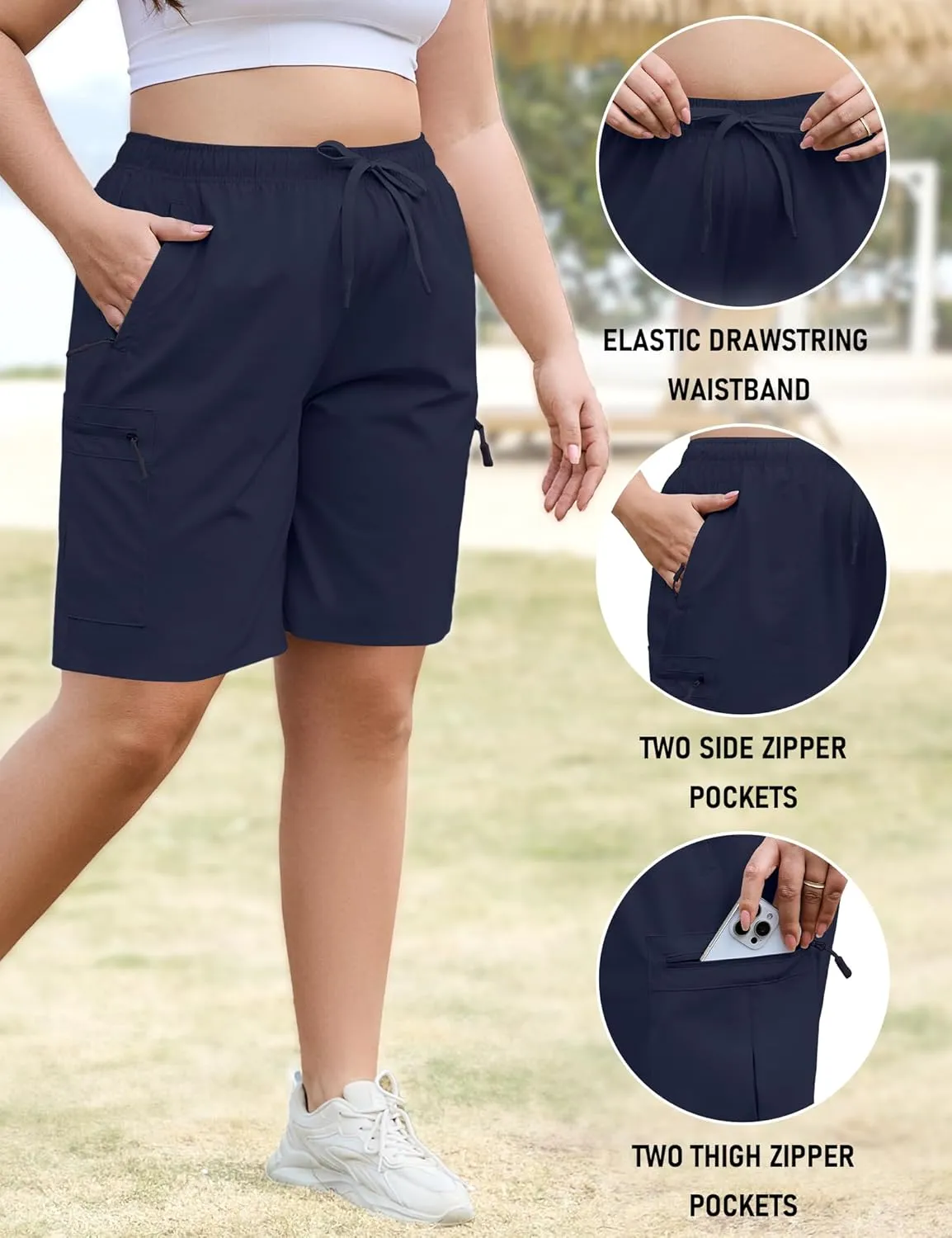 COOTRY Women's Plus Size 9'' Hiking Cargo Shorts Quick Dry Athletic Summer Shorts for Travel Golf with Zipper Pockets