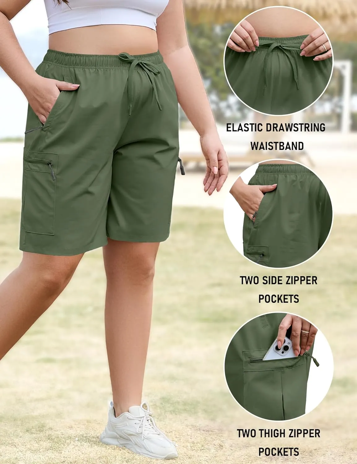 COOTRY Women's Plus Size 9'' Hiking Cargo Shorts Quick Dry Athletic Summer Shorts for Travel Golf with Zipper Pockets
