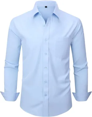 corfty Men Long Sleeve Dress Shirt - Regular Fit Stretch Free-Wrinkle Casual Button Down Shirt