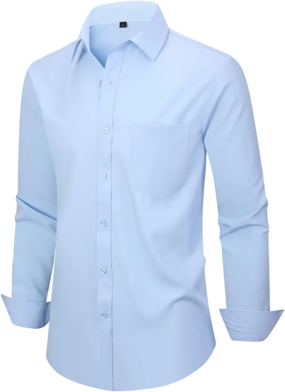 corfty Men Long Sleeve Dress Shirt - Regular Fit Stretch Free-Wrinkle Casual Button Down Shirt