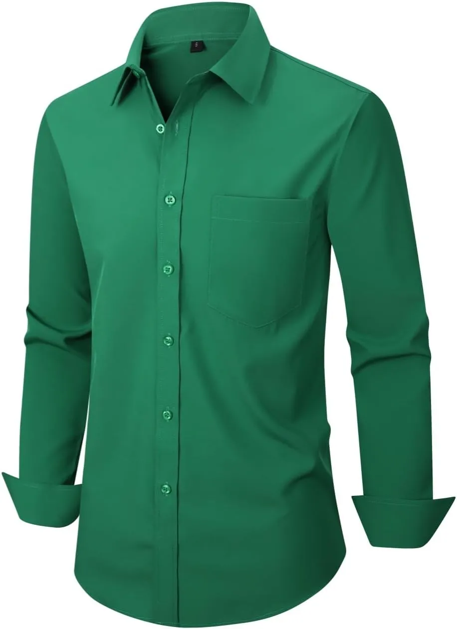 corfty Men Long Sleeve Dress Shirt - Regular Fit Stretch Free-Wrinkle Casual Button Down Shirt