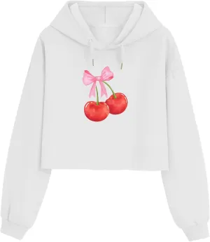 Cute Cherry Bow Graphic Cropped Hoodies for Teen Girls Kawaii Aesthetic Crop Hoodie Women Pullover Print Sweatshirt