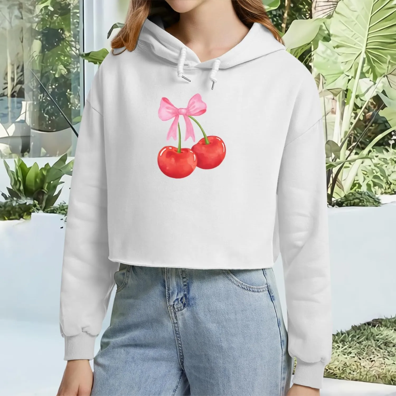 Cute Cherry Bow Graphic Cropped Hoodies for Teen Girls Kawaii Aesthetic Crop Hoodie Women Pullover Print Sweatshirt