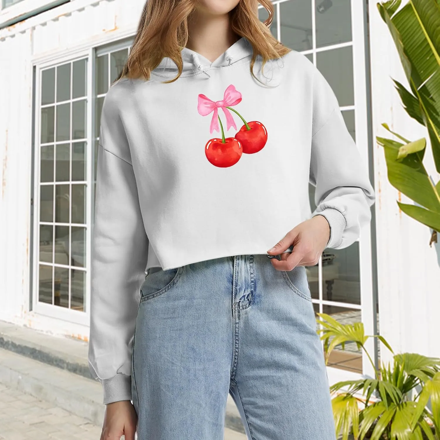 Cute Cherry Bow Graphic Cropped Hoodies for Teen Girls Kawaii Aesthetic Crop Hoodie Women Pullover Print Sweatshirt