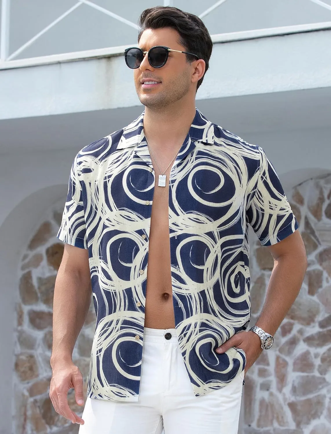 Damipow Linen Shirts for Men Hawaiian Shirt Short Sleeve Button Down Beach Vacation Shirt