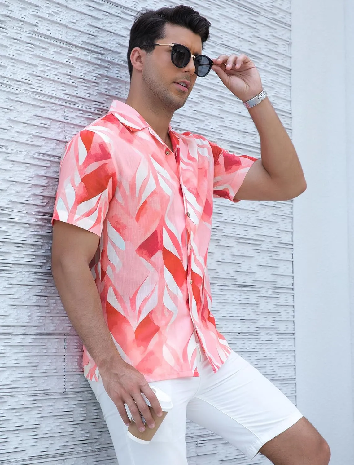 Damipow Linen Shirts for Men Hawaiian Shirt Short Sleeve Button Down Beach Vacation Shirt