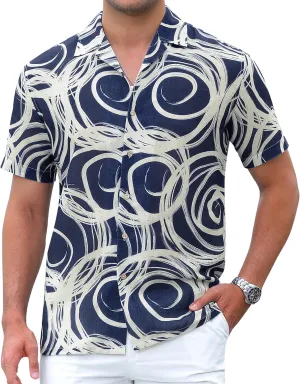 Damipow Linen Shirts for Men Hawaiian Shirt Short Sleeve Button Down Beach Vacation Shirt