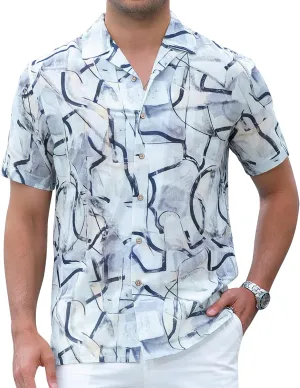Damipow Linen Shirts for Men Hawaiian Shirt Short Sleeve Button Down Beach Vacation Shirt
