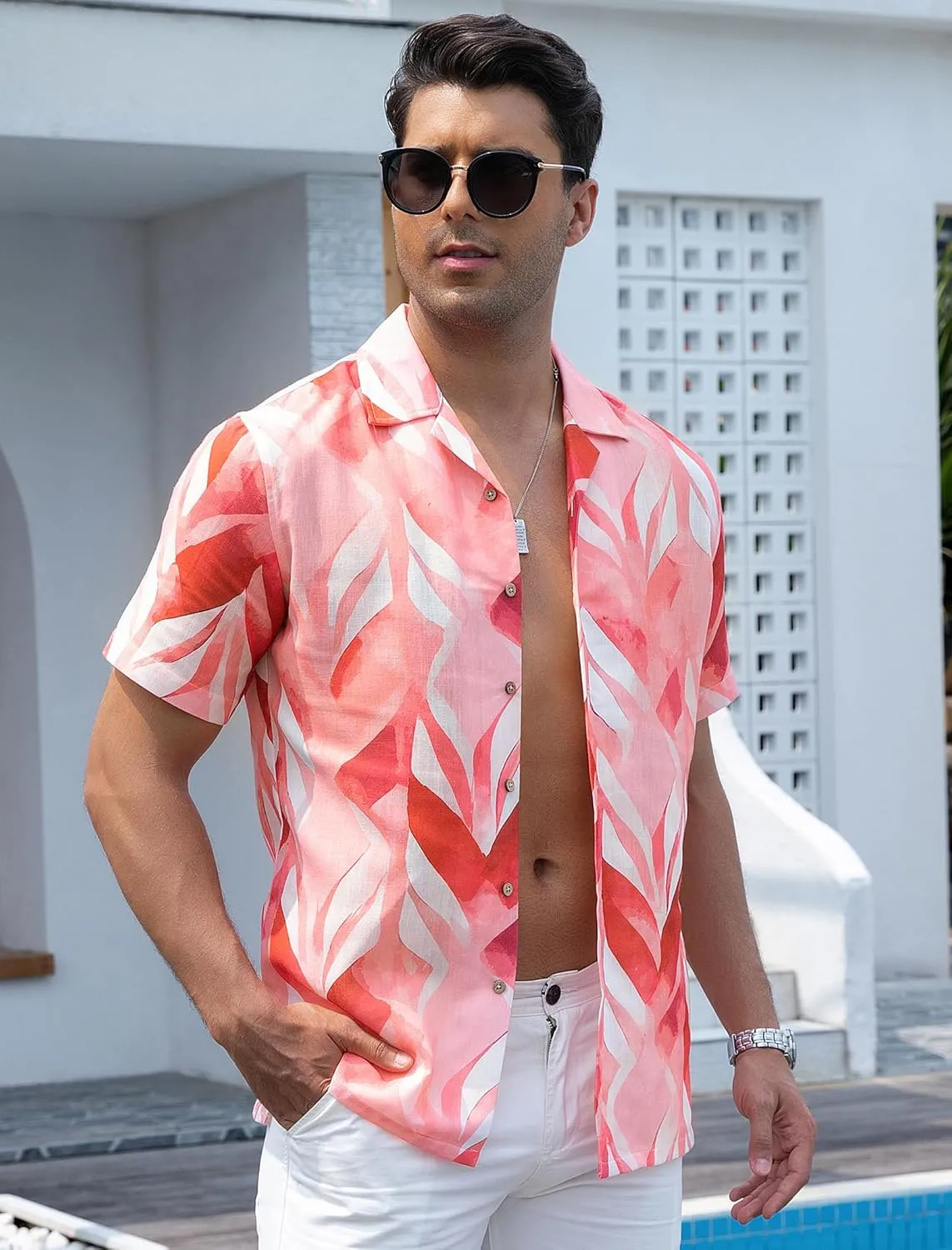 Damipow Linen Shirts for Men Hawaiian Shirt Short Sleeve Button Down Beach Vacation Shirt