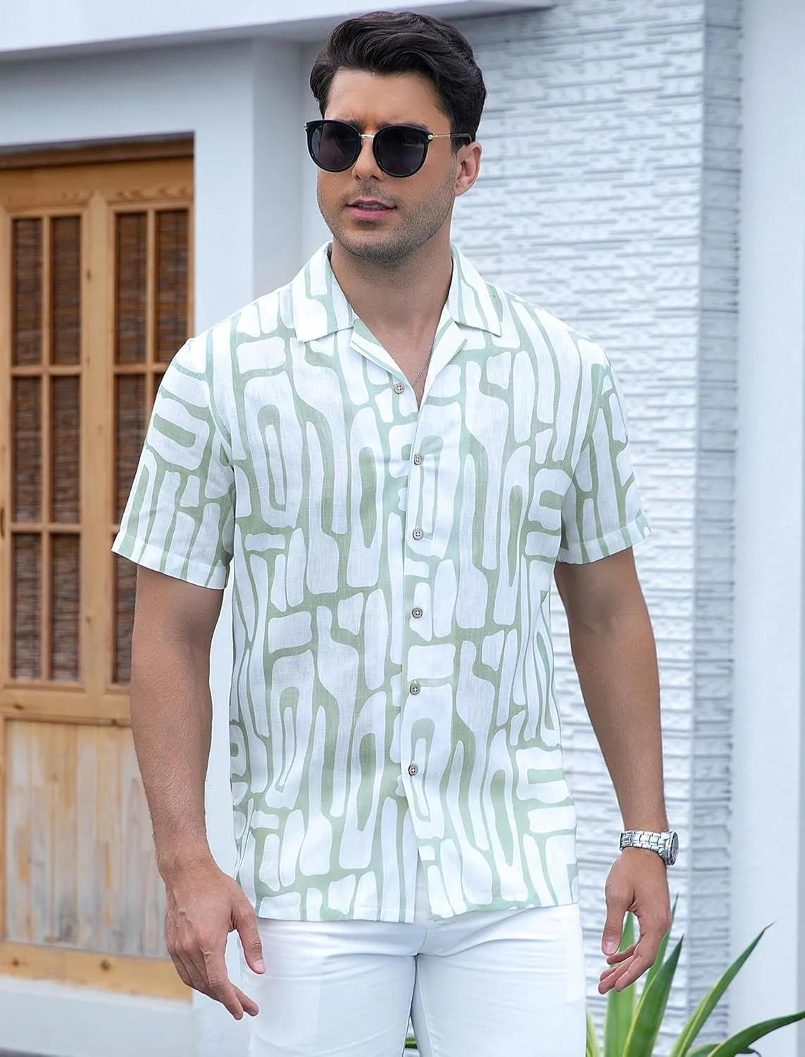 Damipow Linen Shirts for Men Hawaiian Shirt Short Sleeve Button Down Beach Vacation Shirt