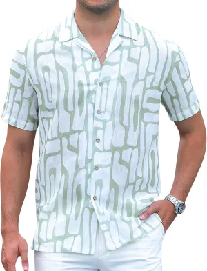 Damipow Linen Shirts for Men Hawaiian Shirt Short Sleeve Button Down Beach Vacation Shirt