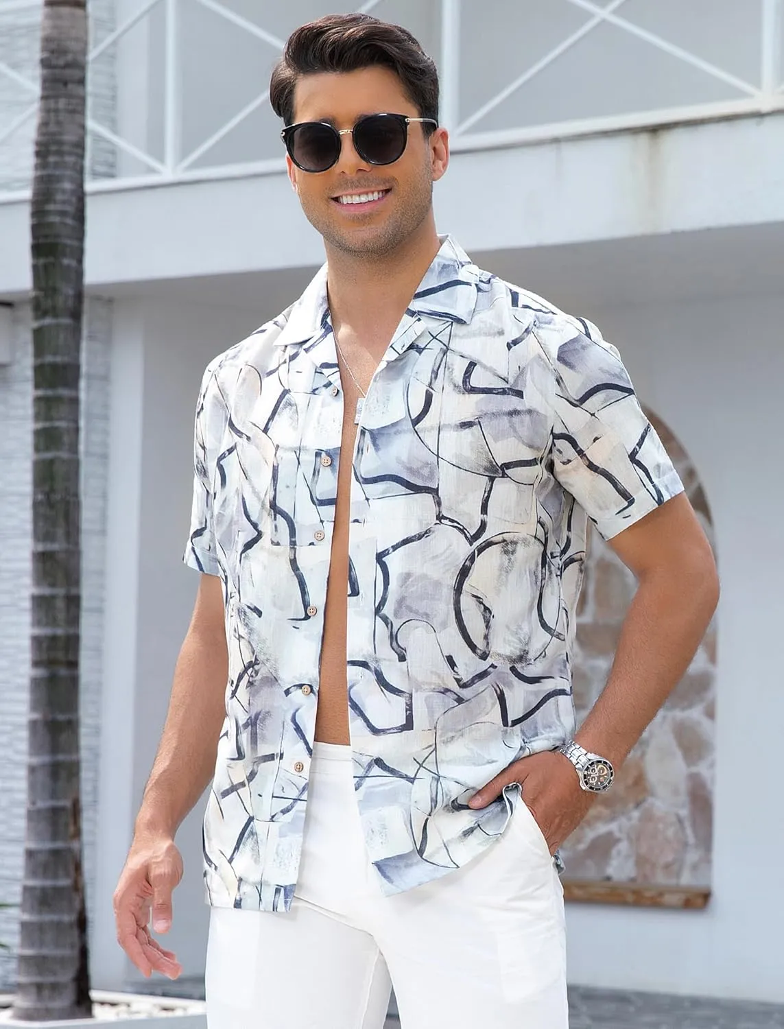 Damipow Linen Shirts for Men Hawaiian Shirt Short Sleeve Button Down Beach Vacation Shirt