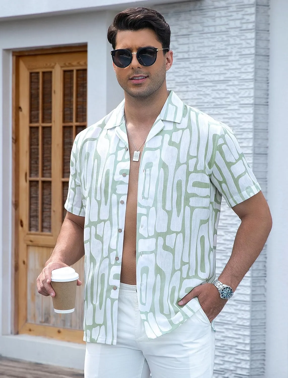 Damipow Linen Shirts for Men Hawaiian Shirt Short Sleeve Button Down Beach Vacation Shirt